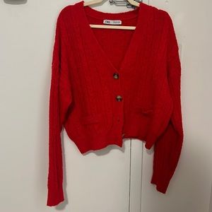 Zara Red Cable Knit Cardigan Sweater | M